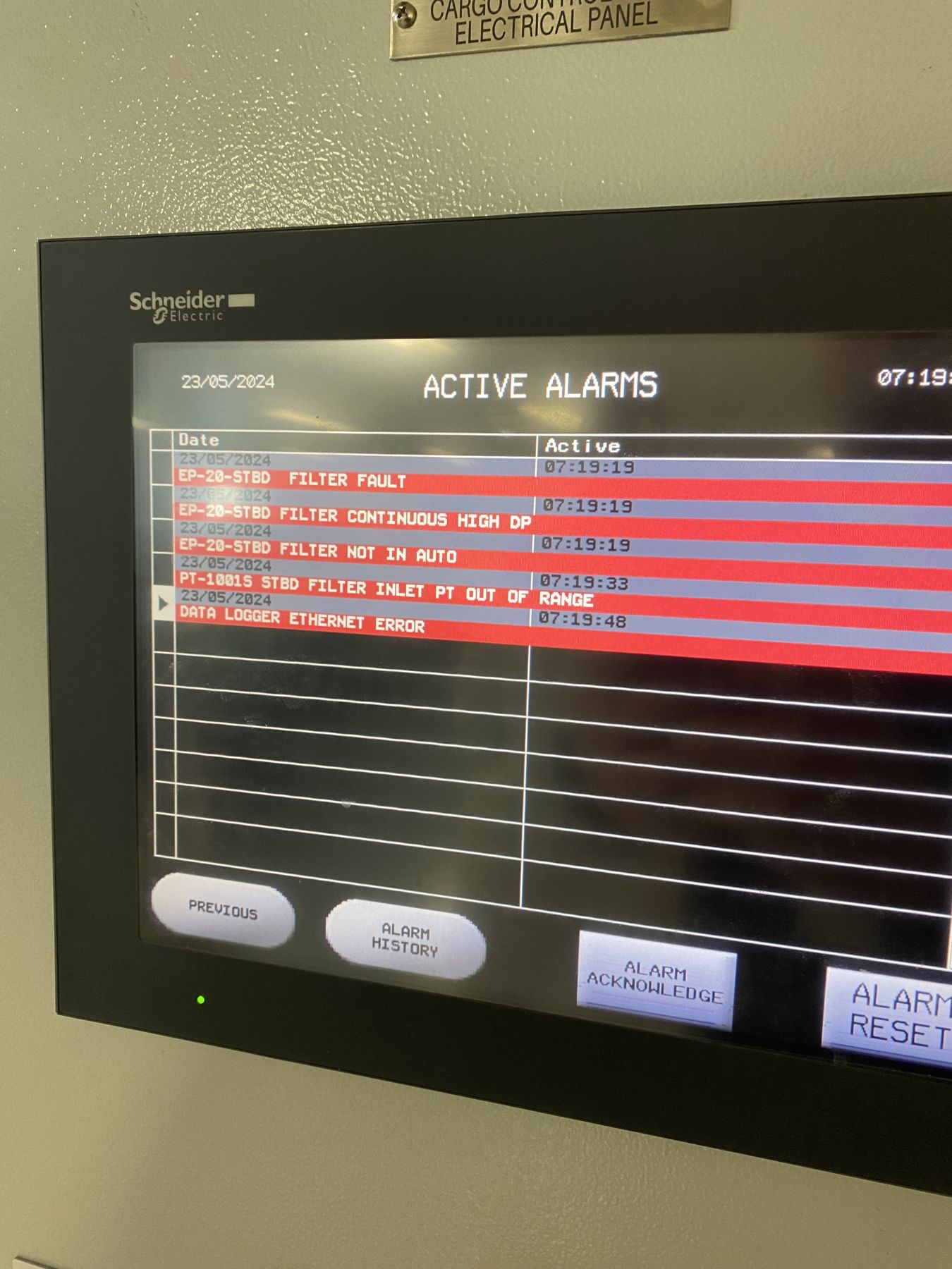BWMS active-alarm screen — the faults the logs were recording all along