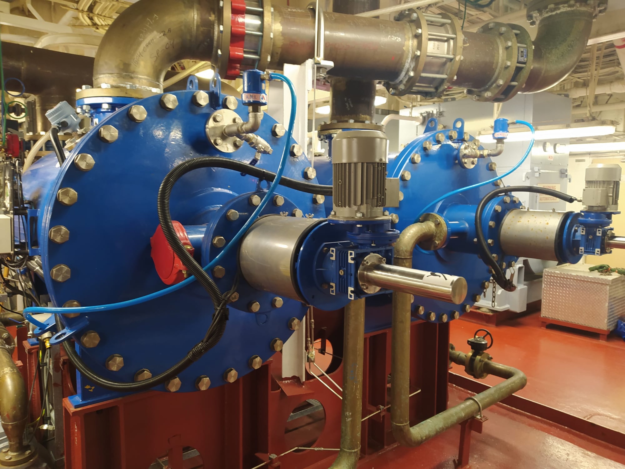 Twin ballast water treatment units in a ship engine room